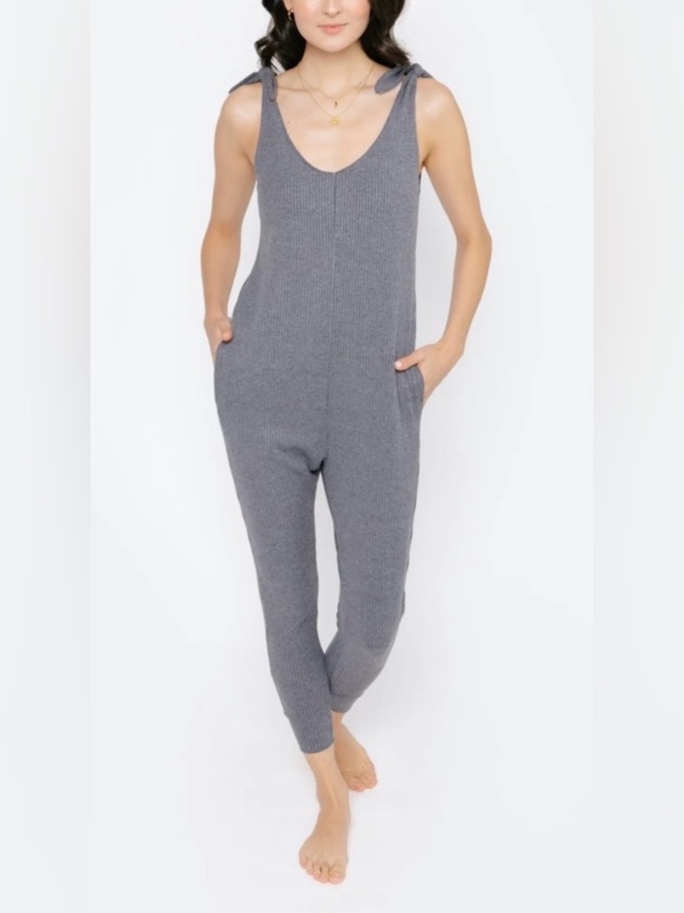 Smash + Tess Knot Your Average Romper in Ribbed Charcoal - Size XL